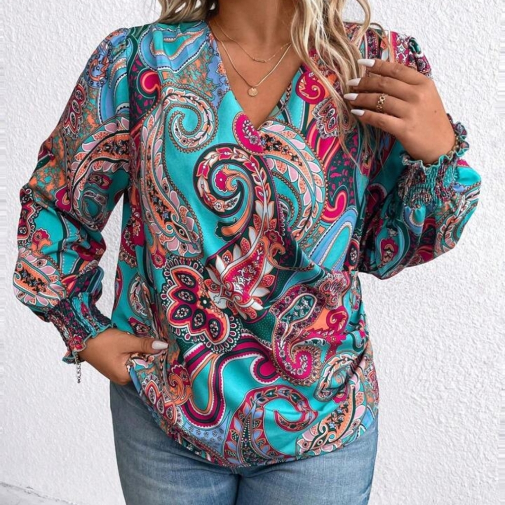 LUNE Plus Paisley Print Lantern Sleeve Overlap Collar Blouse
